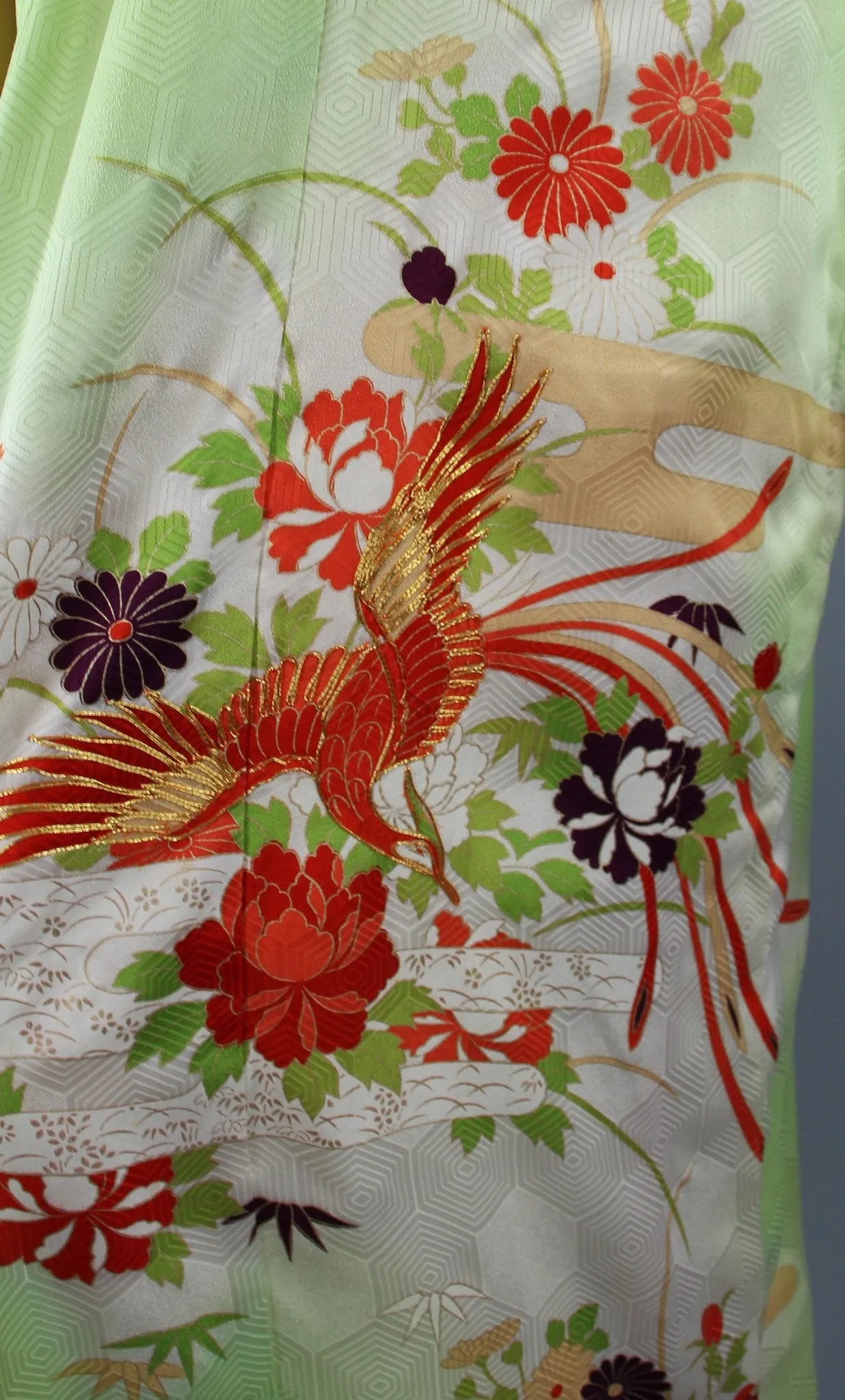 1960s Vintage Silk Kimono Robe Furisode / Bright Apple Green Phoenix Birds