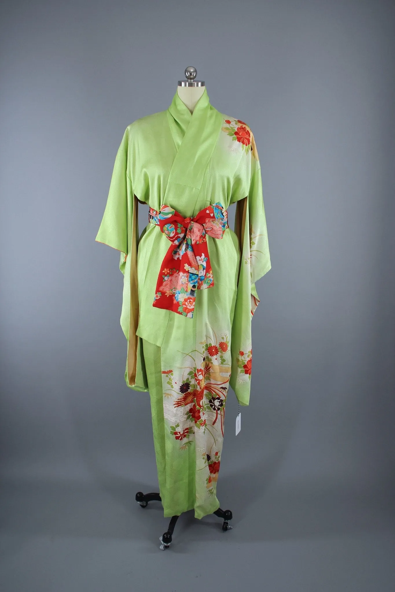 1960s Vintage Silk Kimono Robe Furisode / Bright Apple Green Phoenix Birds