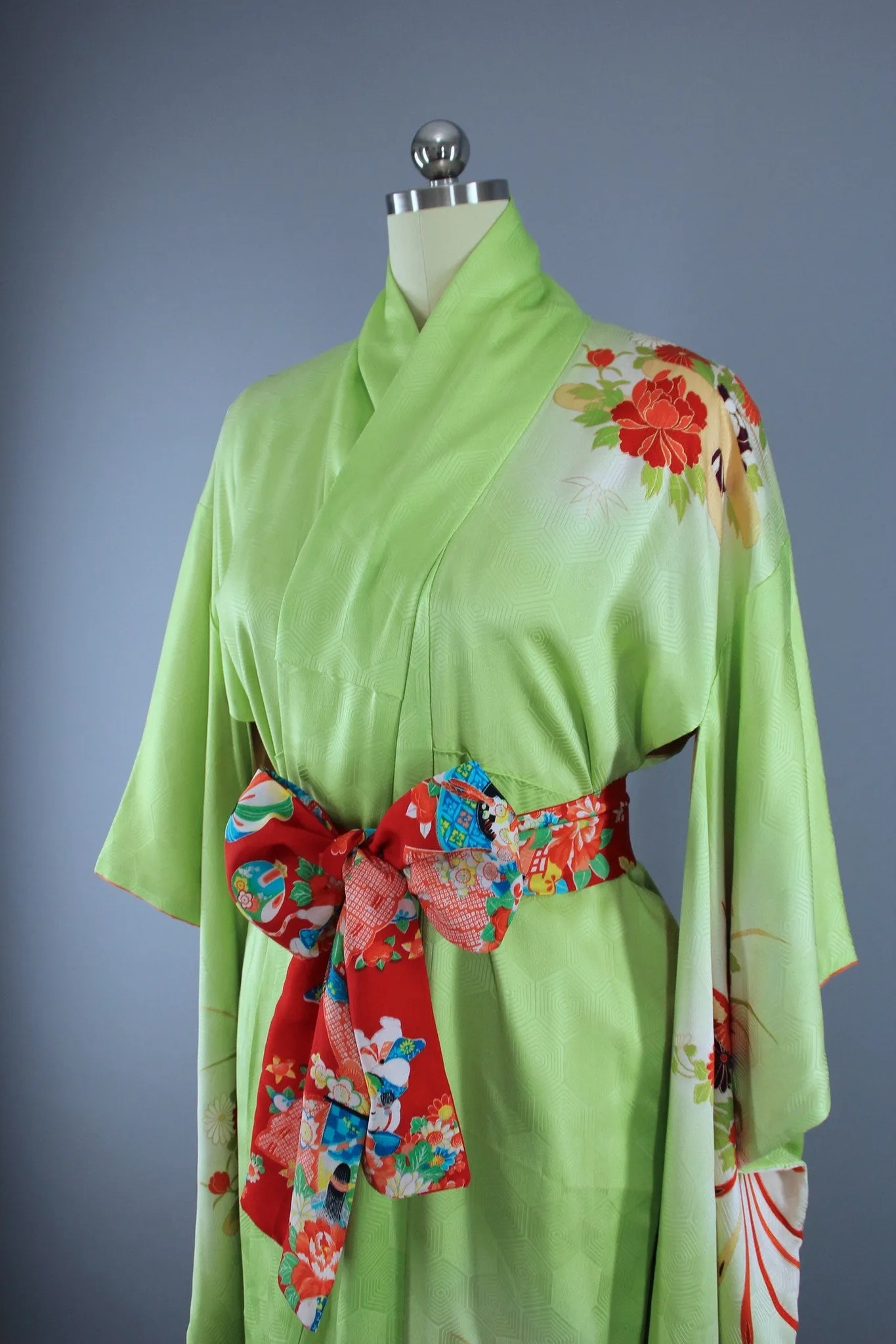 1960s Vintage Silk Kimono Robe Furisode / Bright Apple Green Phoenix Birds