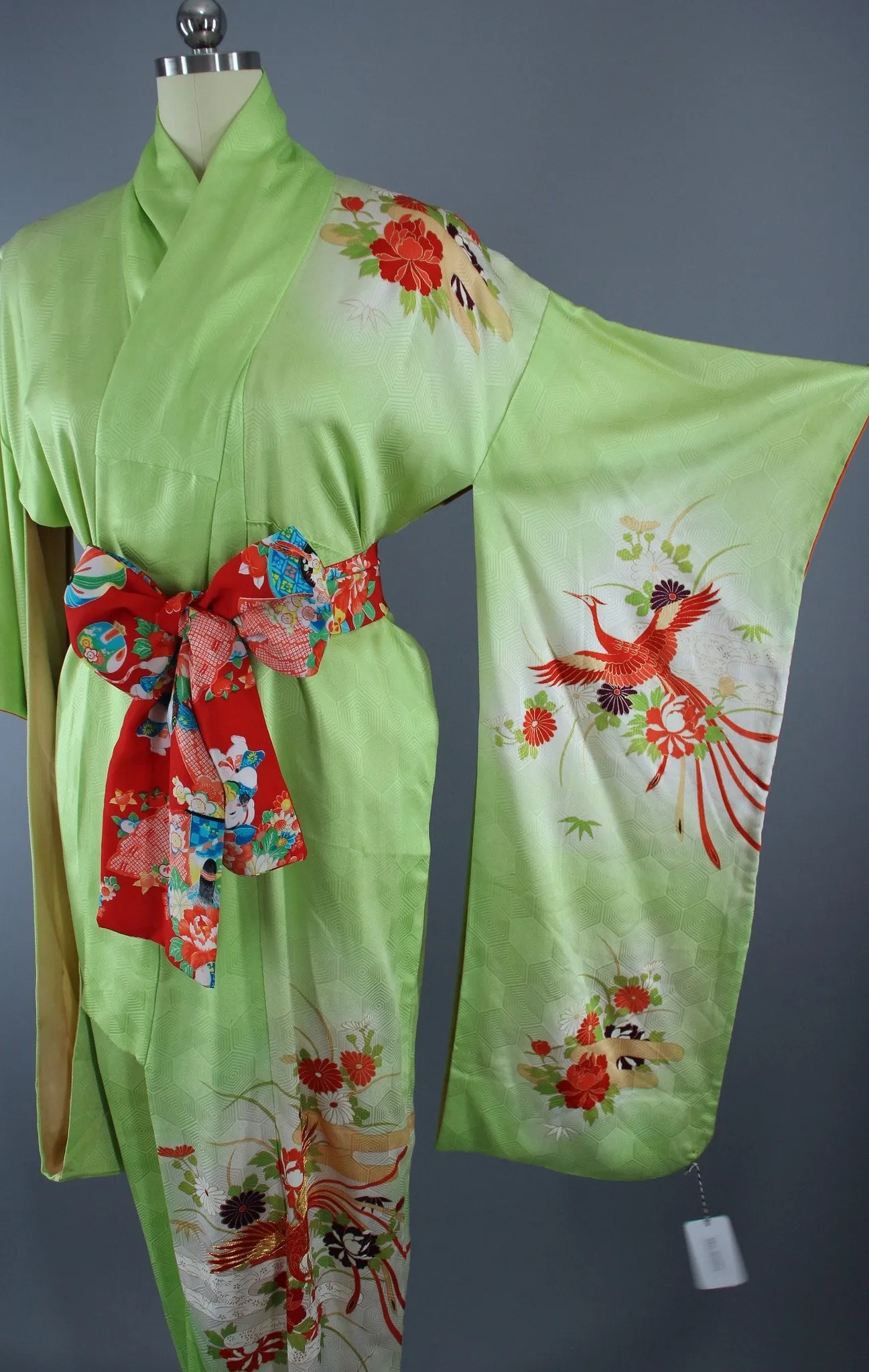 1960s Vintage Silk Kimono Robe Furisode / Bright Apple Green Phoenix Birds