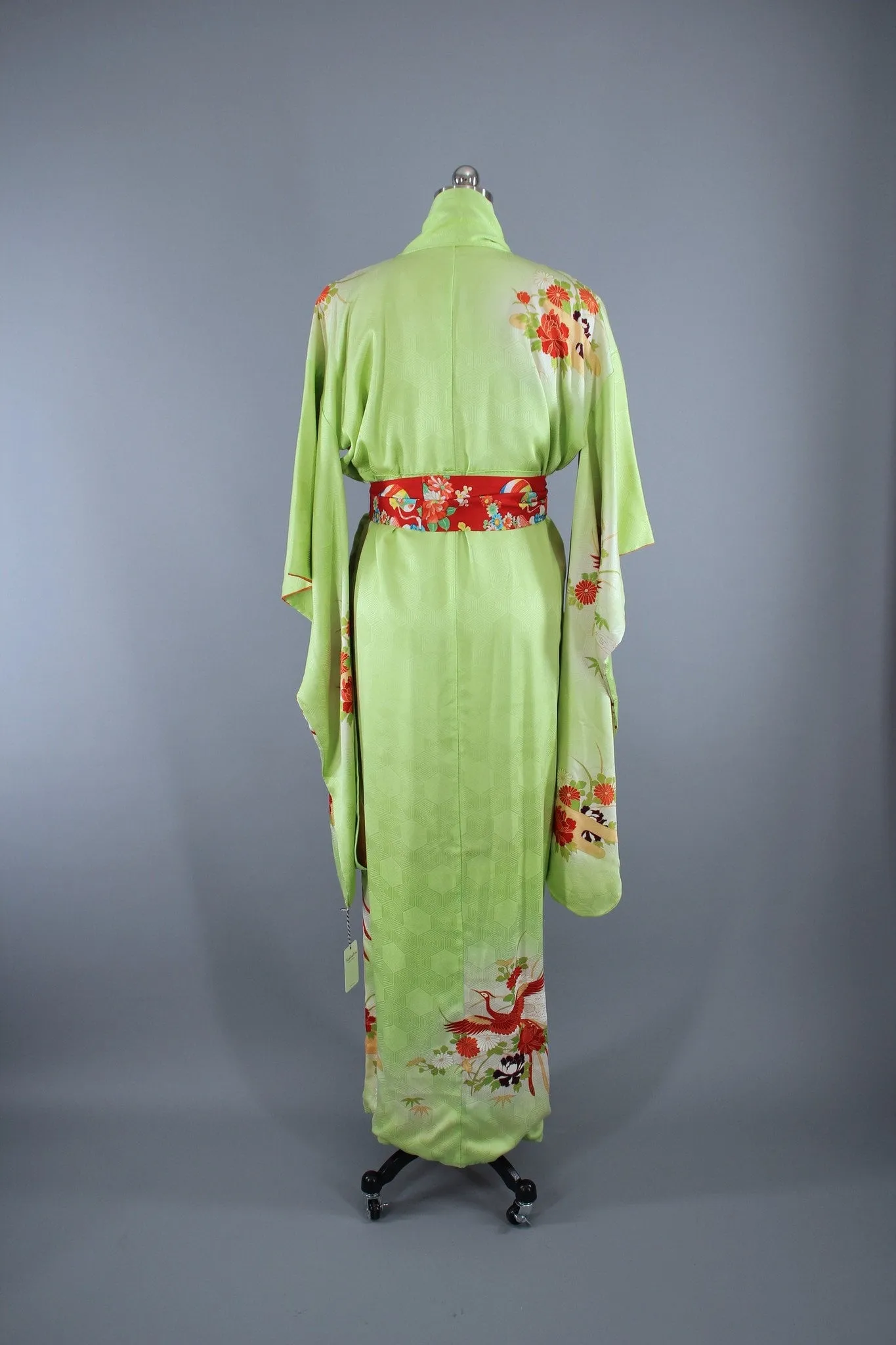 1960s Vintage Silk Kimono Robe Furisode / Bright Apple Green Phoenix Birds