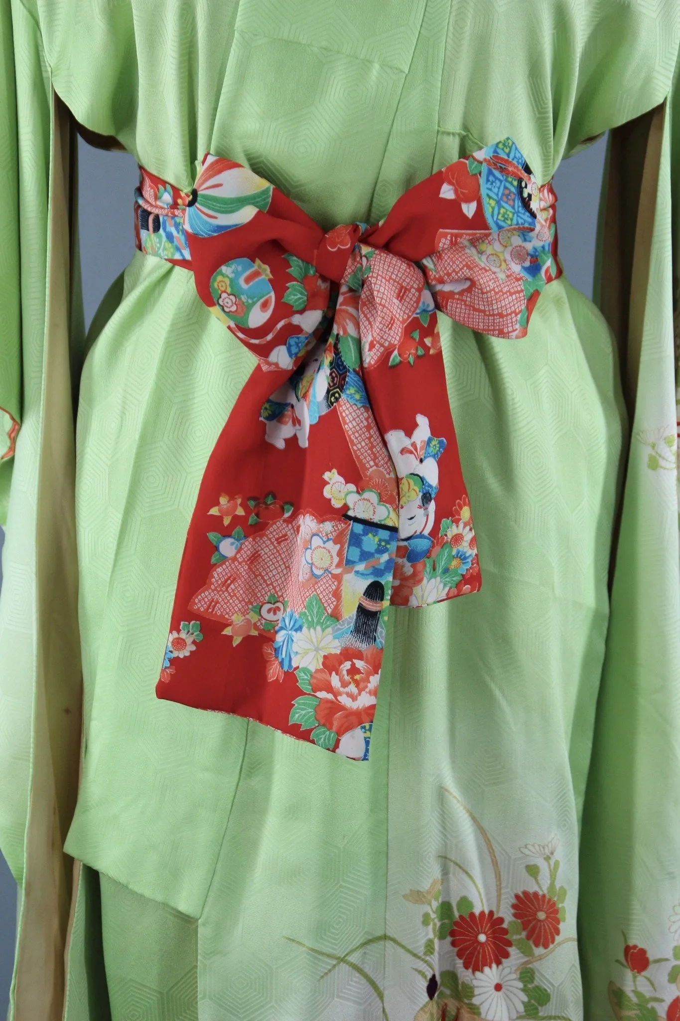 1960s Vintage Silk Kimono Robe Furisode / Bright Apple Green Phoenix Birds