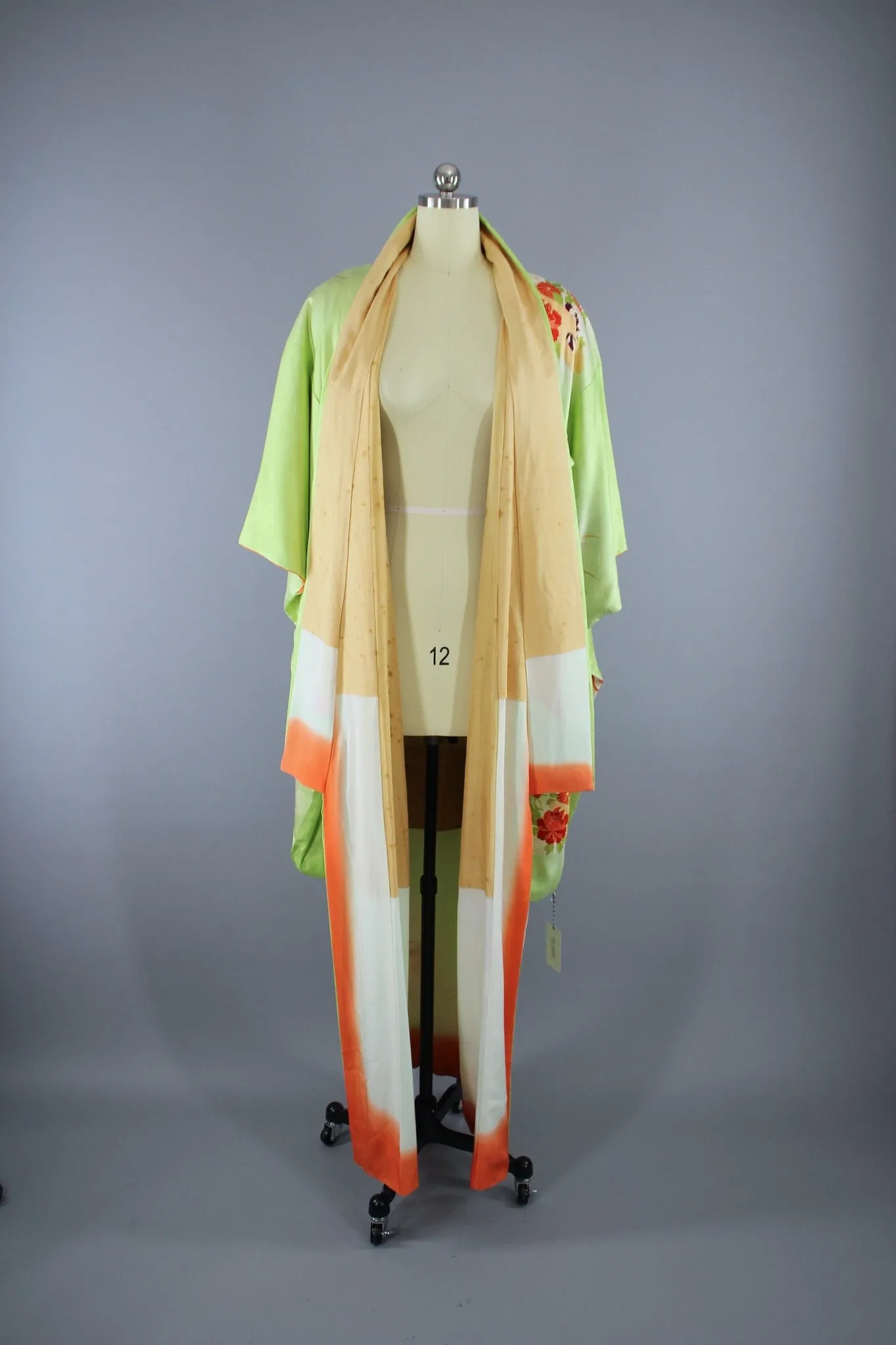 1960s Vintage Silk Kimono Robe Furisode / Bright Apple Green Phoenix Birds