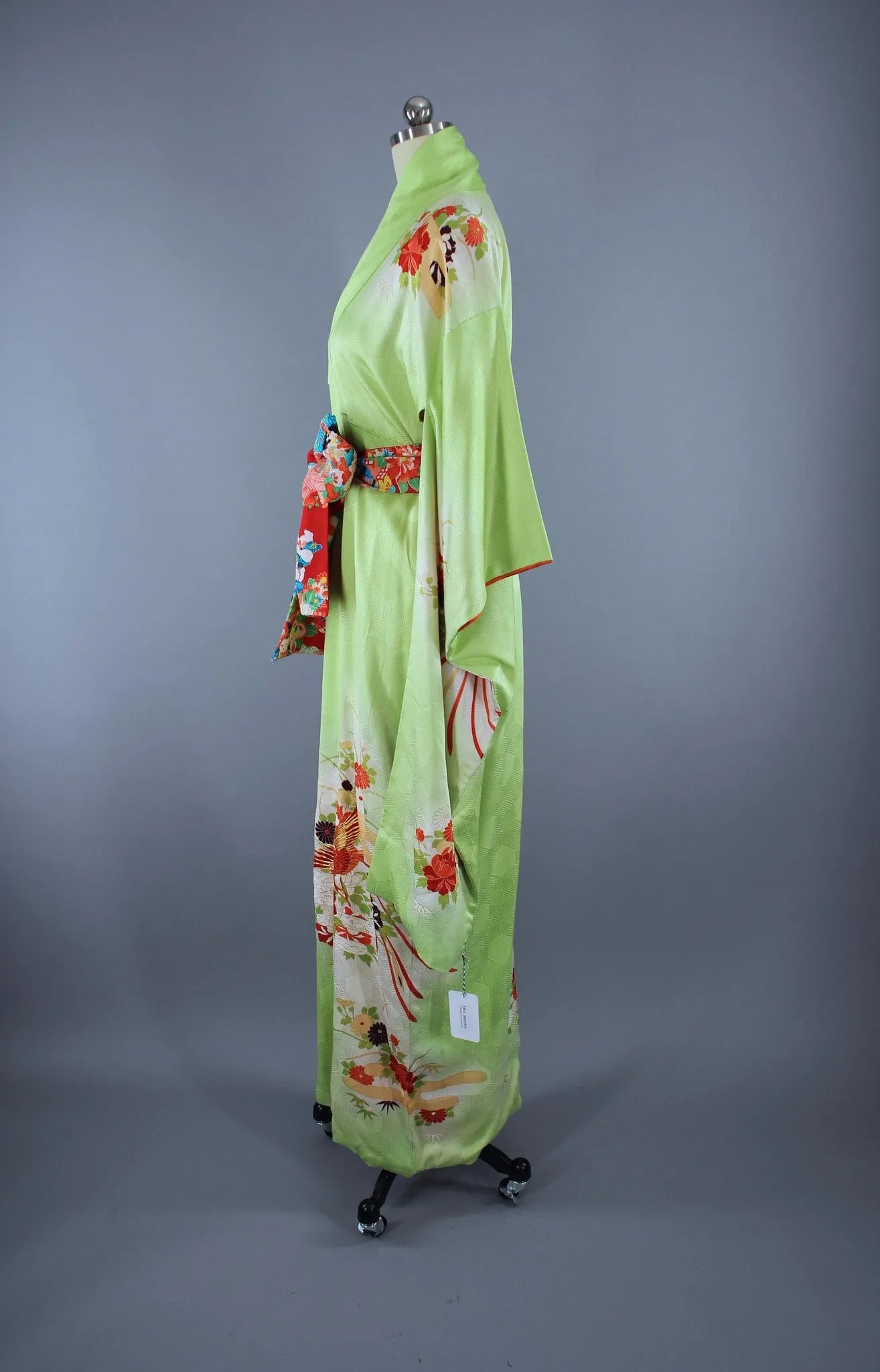 1960s Vintage Silk Kimono Robe Furisode / Bright Apple Green Phoenix Birds