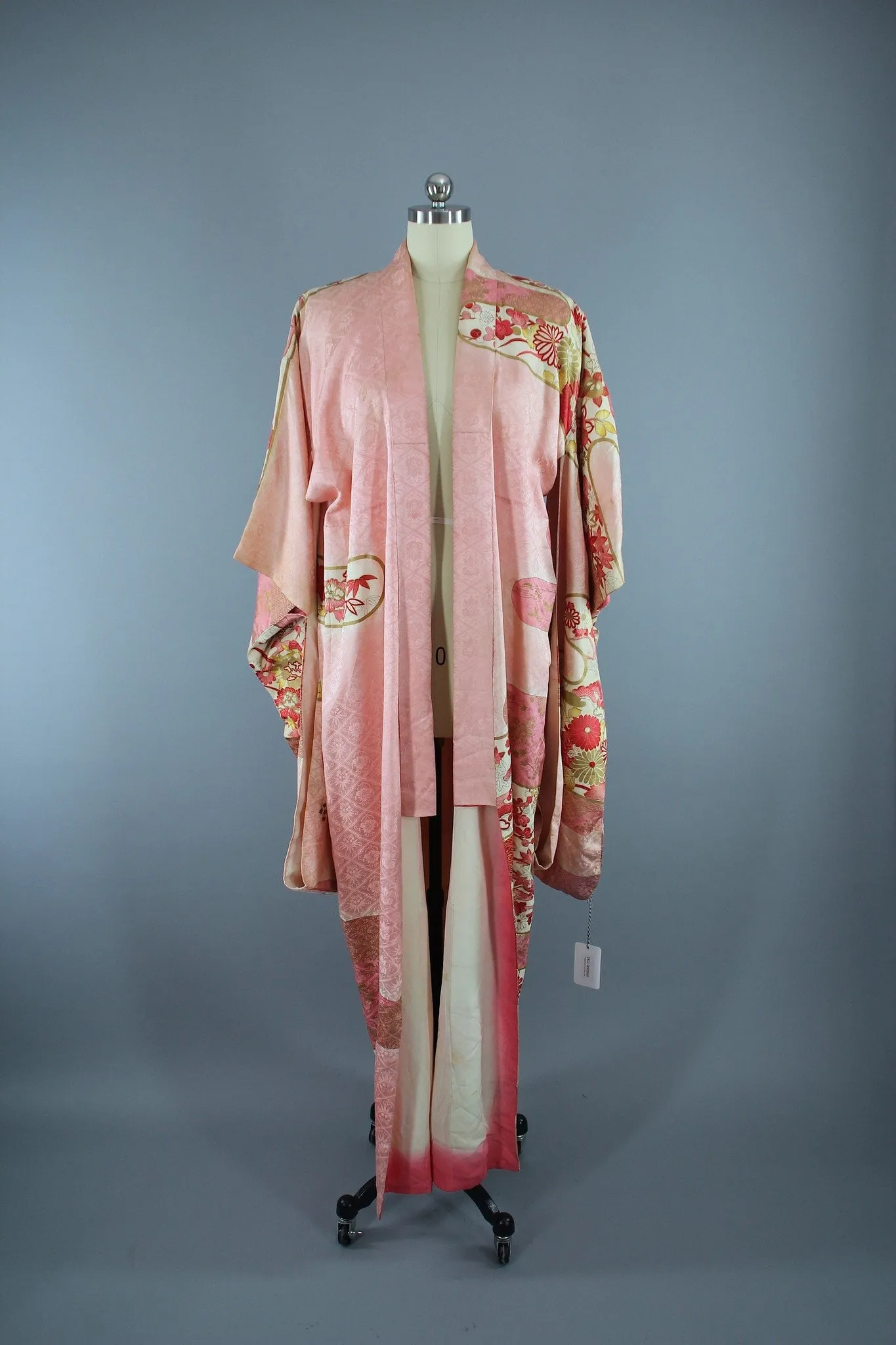 1960s Vintage Silk Kimono Robe Furisode / Pink & Gold Floral