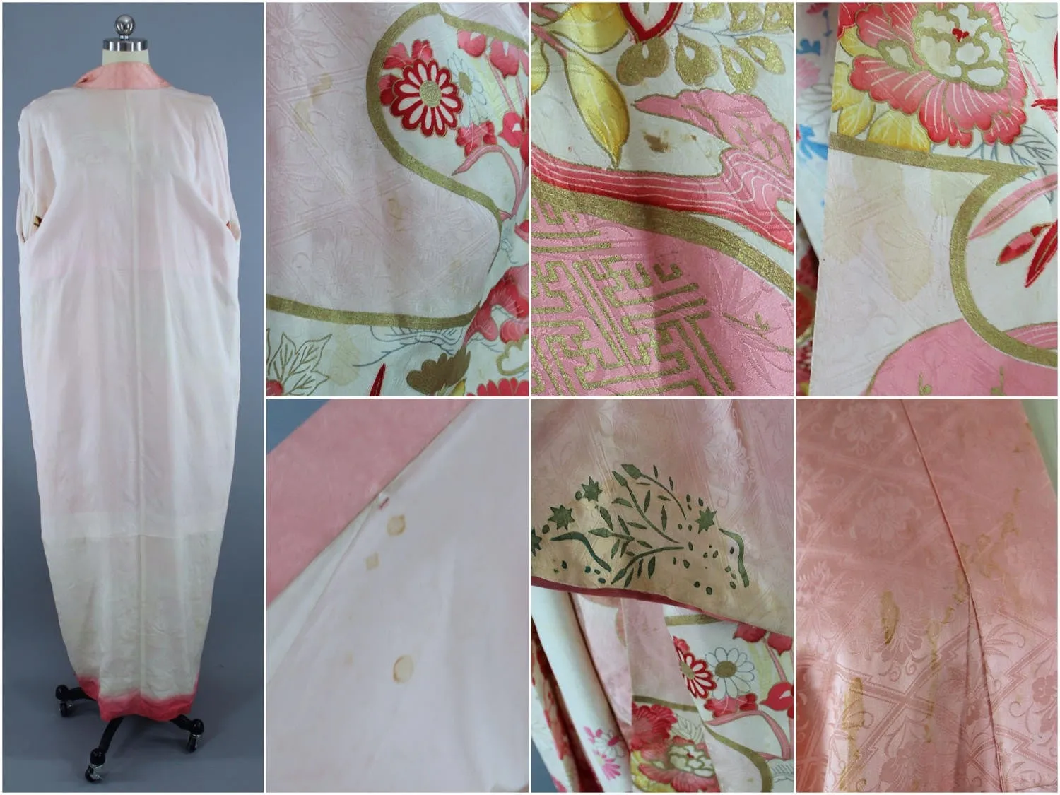 1960s Vintage Silk Kimono Robe Furisode / Pink & Gold Floral