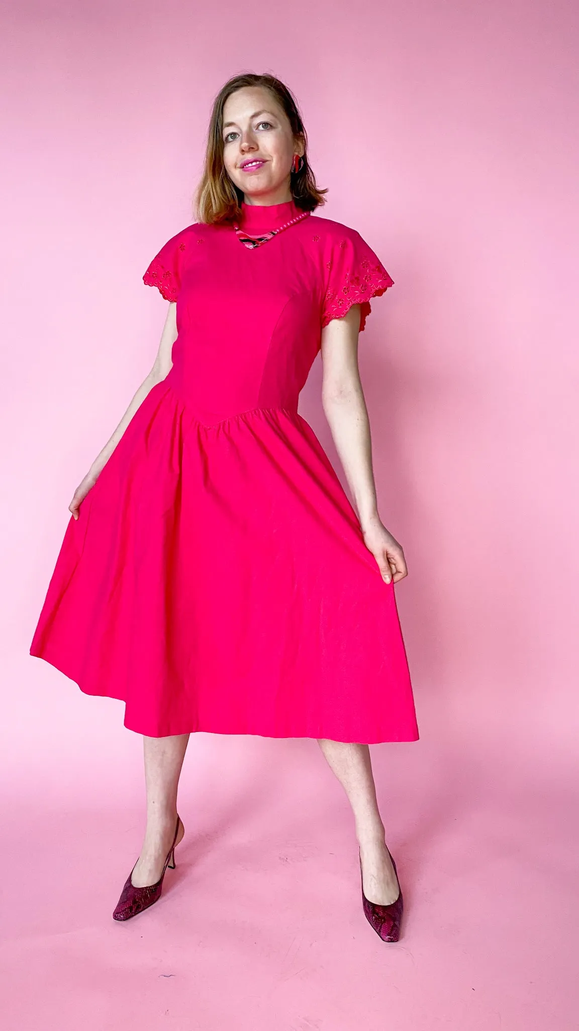 1980s Fuchsia Mock Neck Dress, sz. M