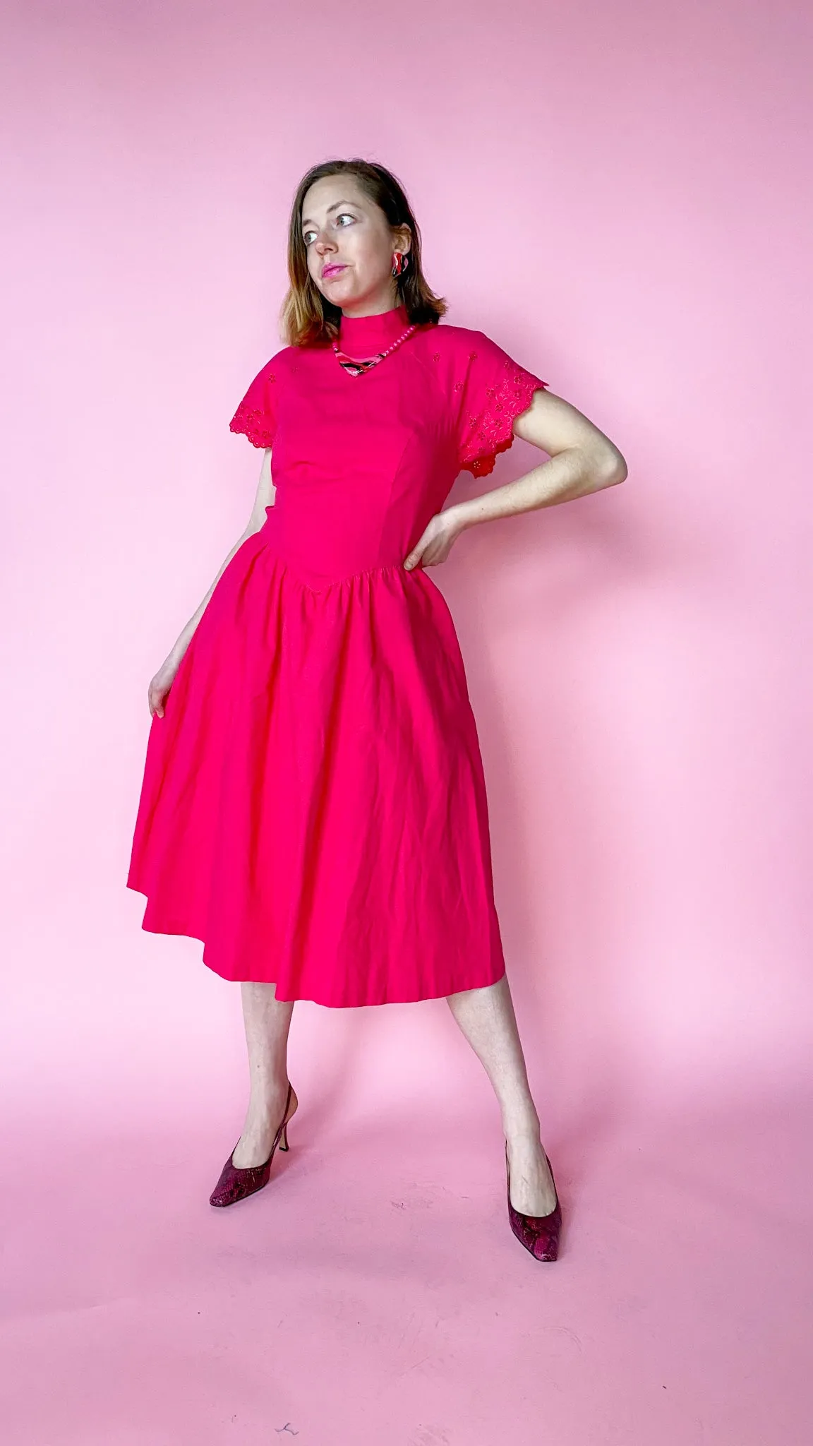 1980s Fuchsia Mock Neck Dress, sz. M