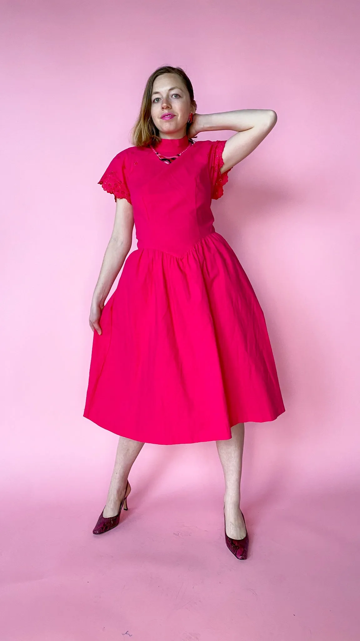 1980s Fuchsia Mock Neck Dress, sz. M