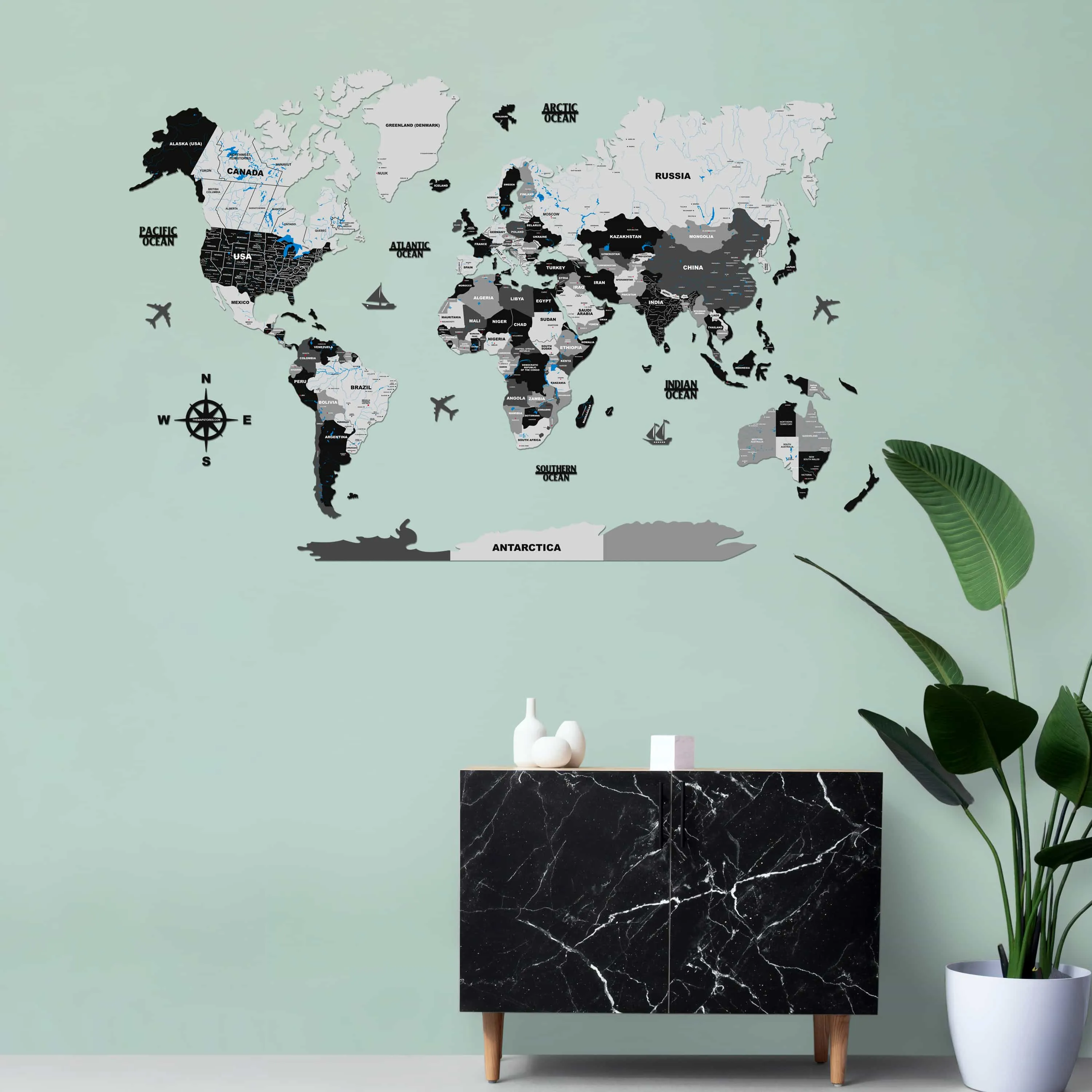 3D Black and Grey Wooden World Map for wall