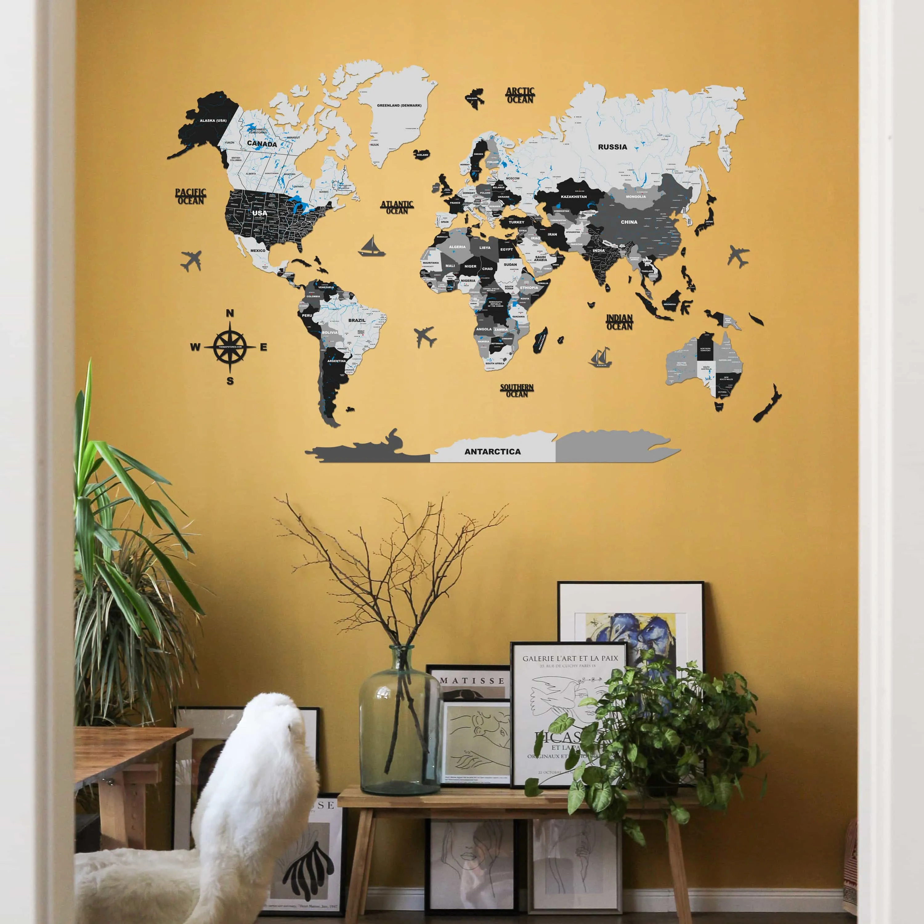 3D Black and Grey Wooden World Map for wall