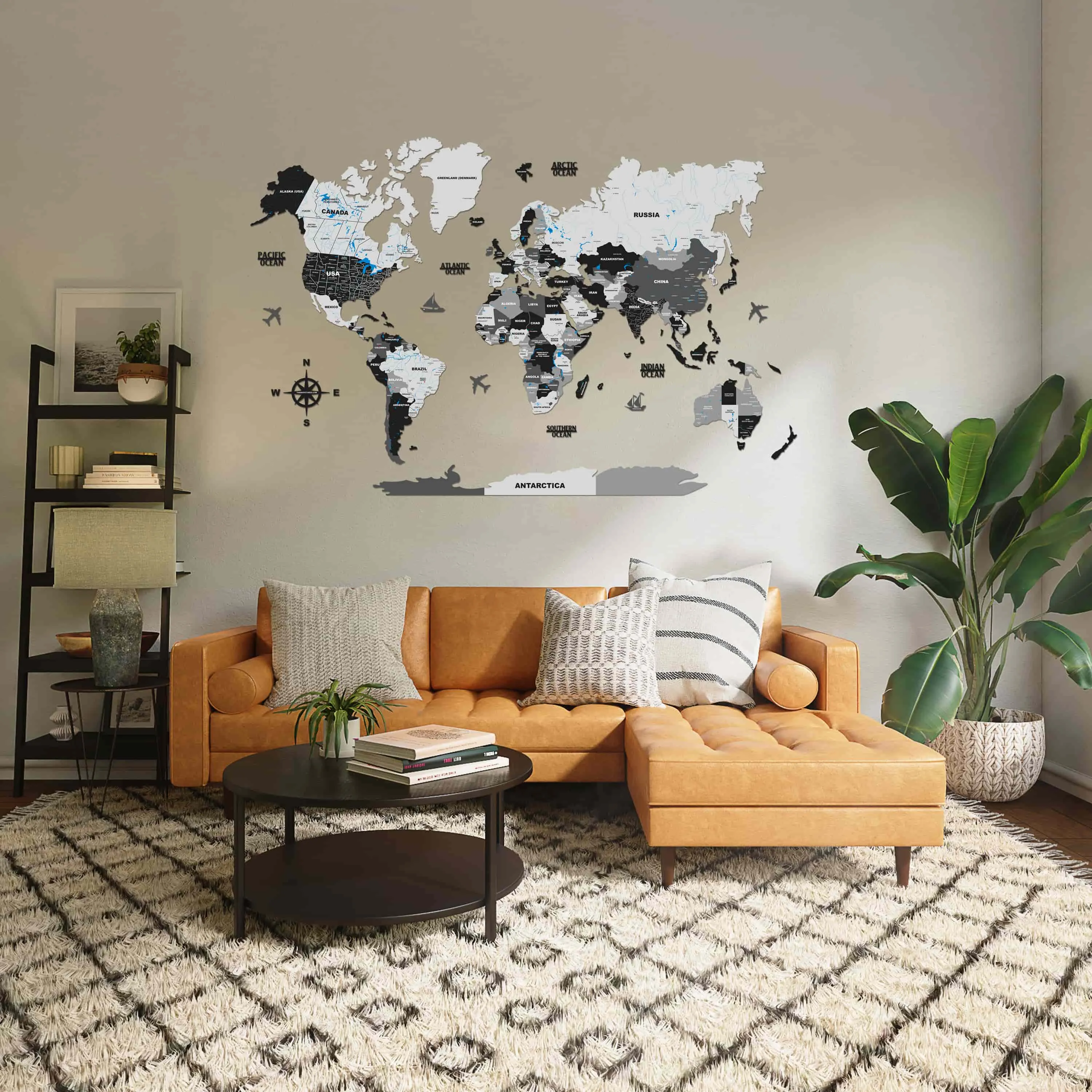 3D Black and Grey Wooden World Map for wall