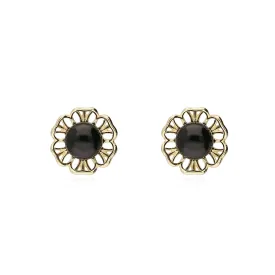 9ct Yellow Gold Whitby Jet Flower Stud Earrings