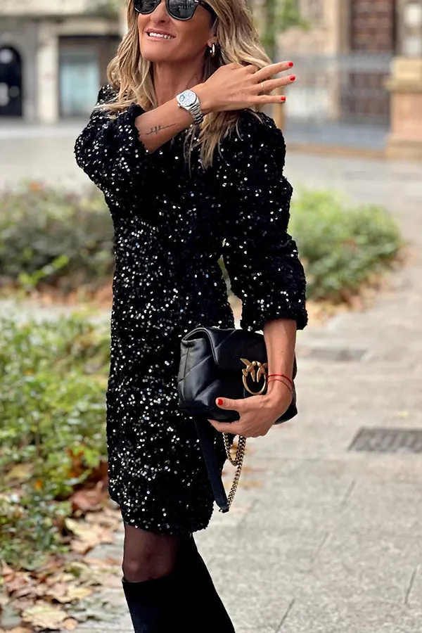 Glittering Sequin Mini Dress with Puffy Sleeves