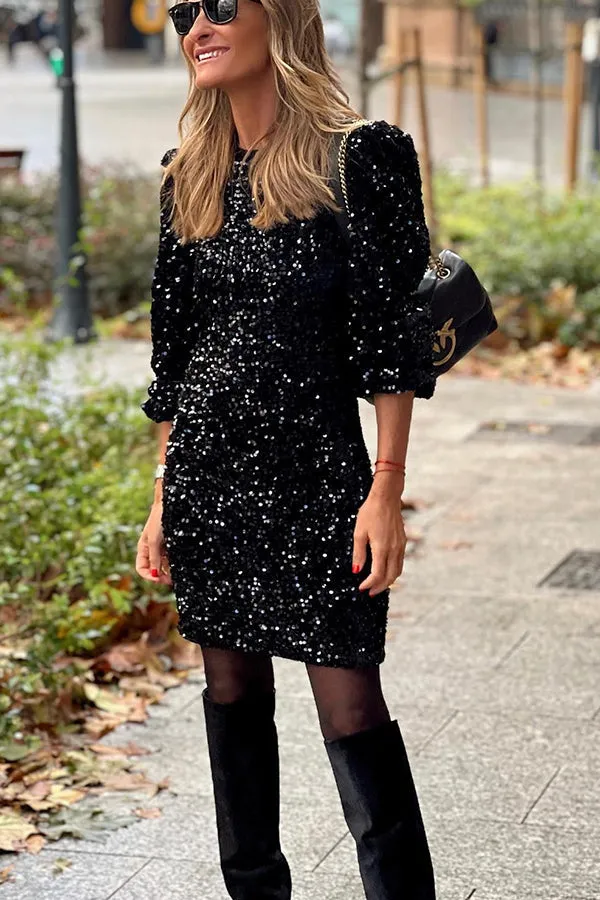 Glittering Sequin Mini Dress with Puffy Sleeves