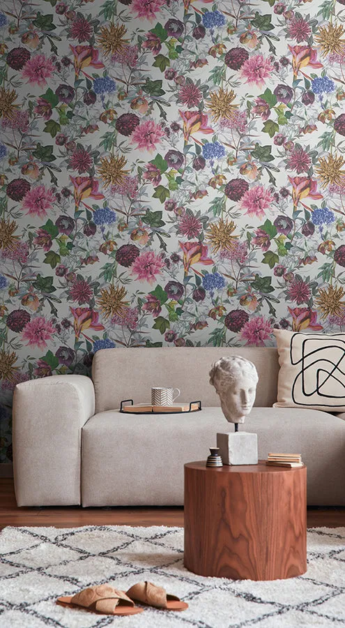 Althea White Flower Garden Wallpaper  | Brewster Wallcovering