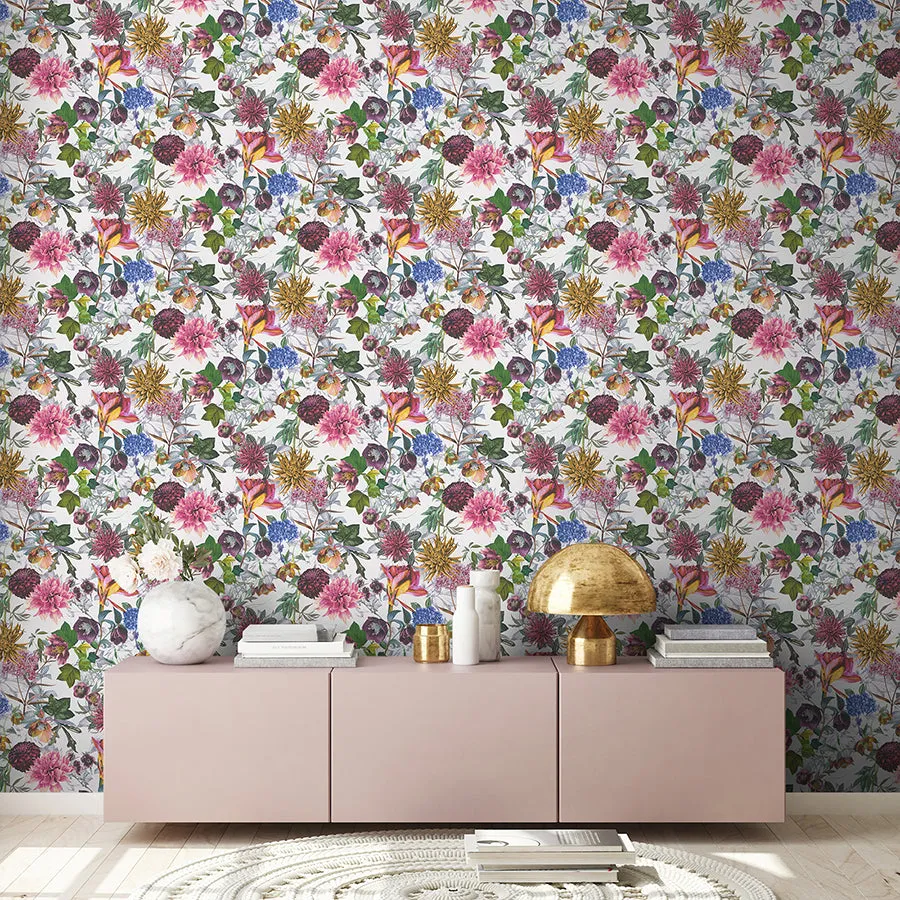 Althea White Flower Garden Wallpaper  | Brewster Wallcovering