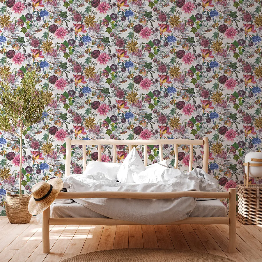 Althea White Flower Garden Wallpaper  | Brewster Wallcovering