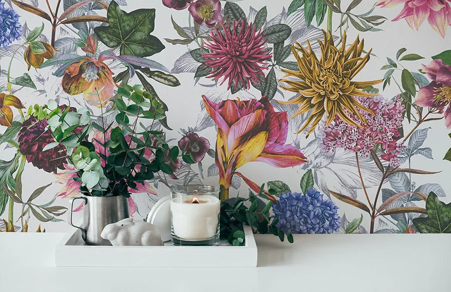 Althea White Flower Garden Wallpaper  | Brewster Wallcovering