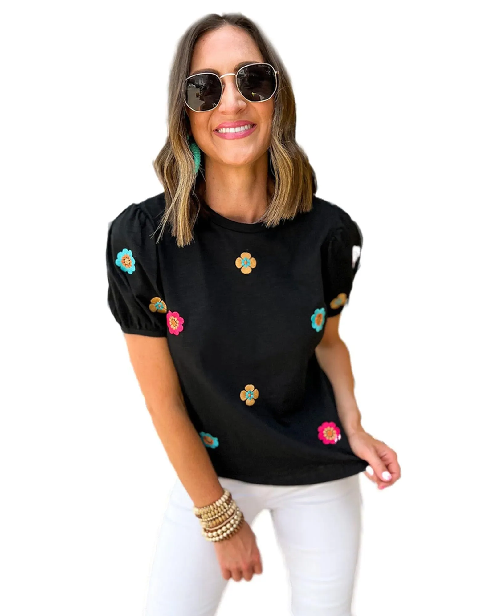 Azura Exchange Embroidered Flower Short Sleeve Tee - L