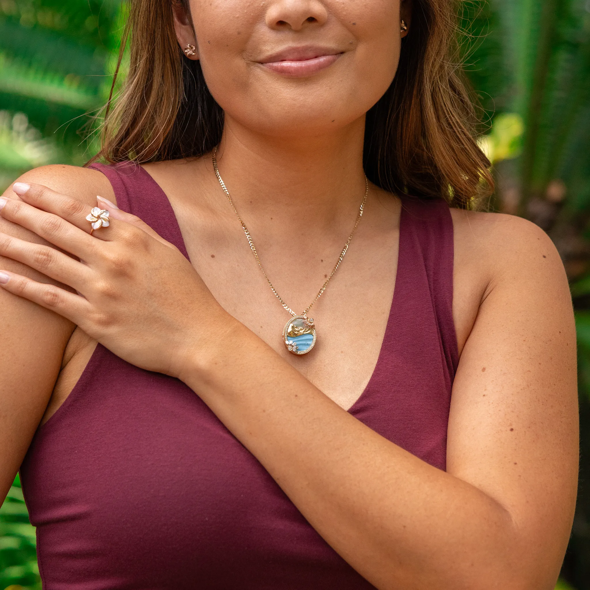 Beach & Mountain Naupaka Turquoise & Mother of Pearl Pendant in Tri Color Gold with Diamonds