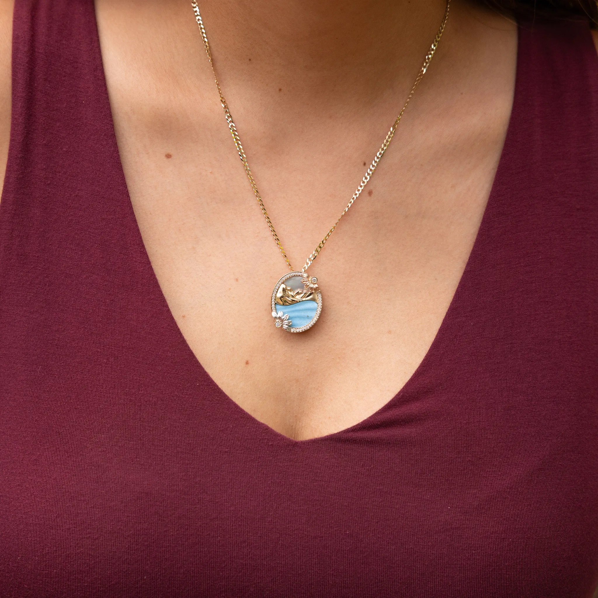 Beach & Mountain Naupaka Turquoise & Mother of Pearl Pendant in Tri Color Gold with Diamonds