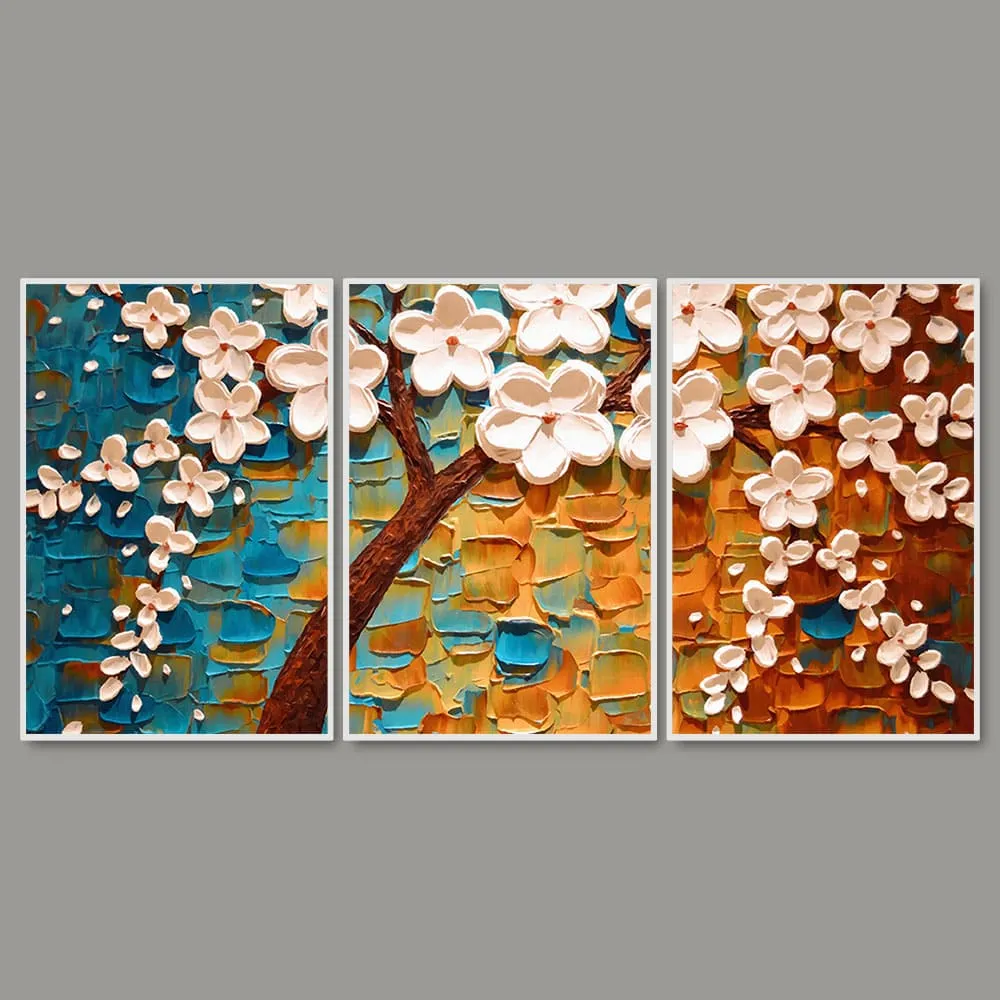 Beautiful Floral Tree Art with White Flower Floating Canvas Wall Painting Set of Three