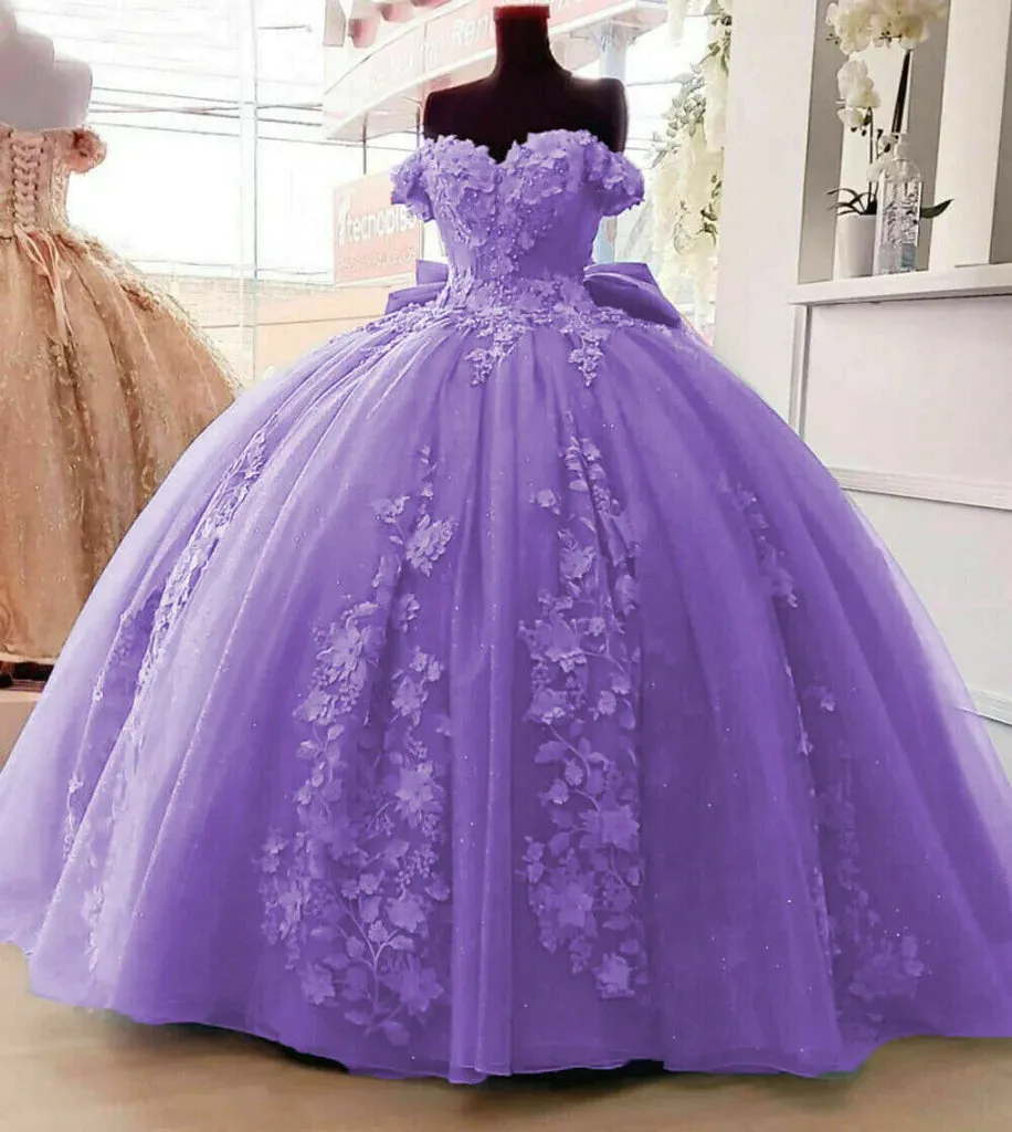 Big Bow Floral Flower Lace Applique Off Shoulder Ball Gown Quinceanera Dresses