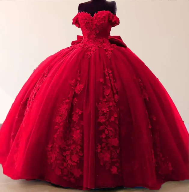 Big Bow Floral Flower Lace Applique Off Shoulder Ball Gown Quinceanera Dresses