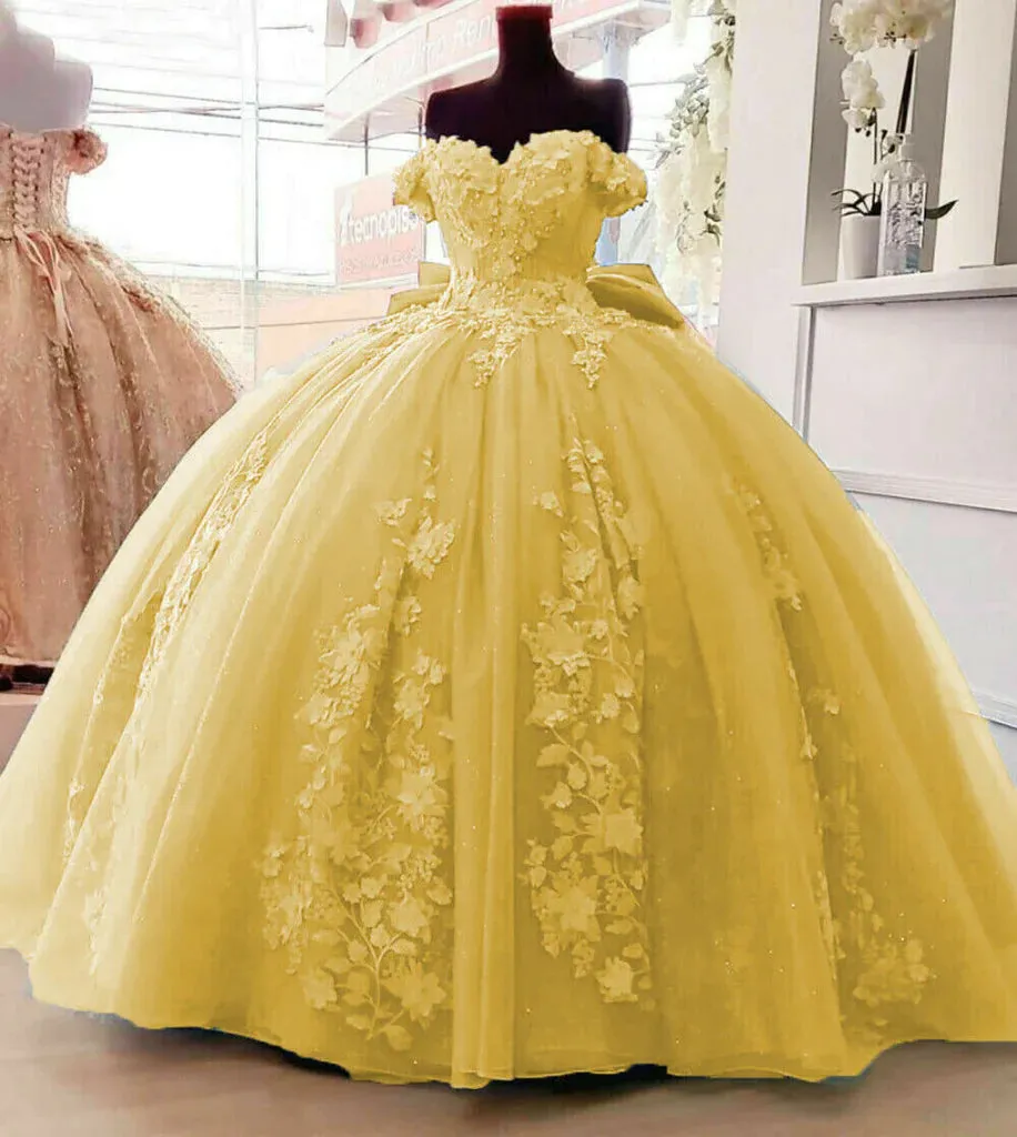 Big Bow Floral Flower Lace Applique Off Shoulder Ball Gown Quinceanera Dresses