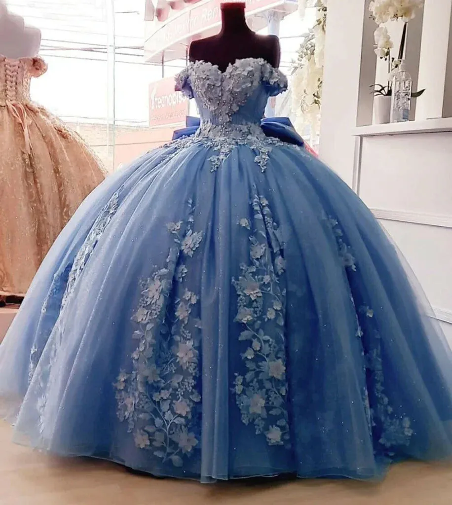 Big Bow Floral Flower Lace Applique Off Shoulder Ball Gown Quinceanera Dresses