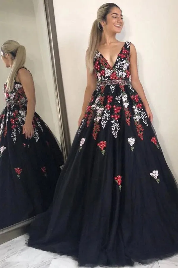 Black Floral Embroidery V-Neck Beaded Long Prom Dresses With Appliques, SP669