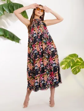 Black Tropical Flower Printed Dress