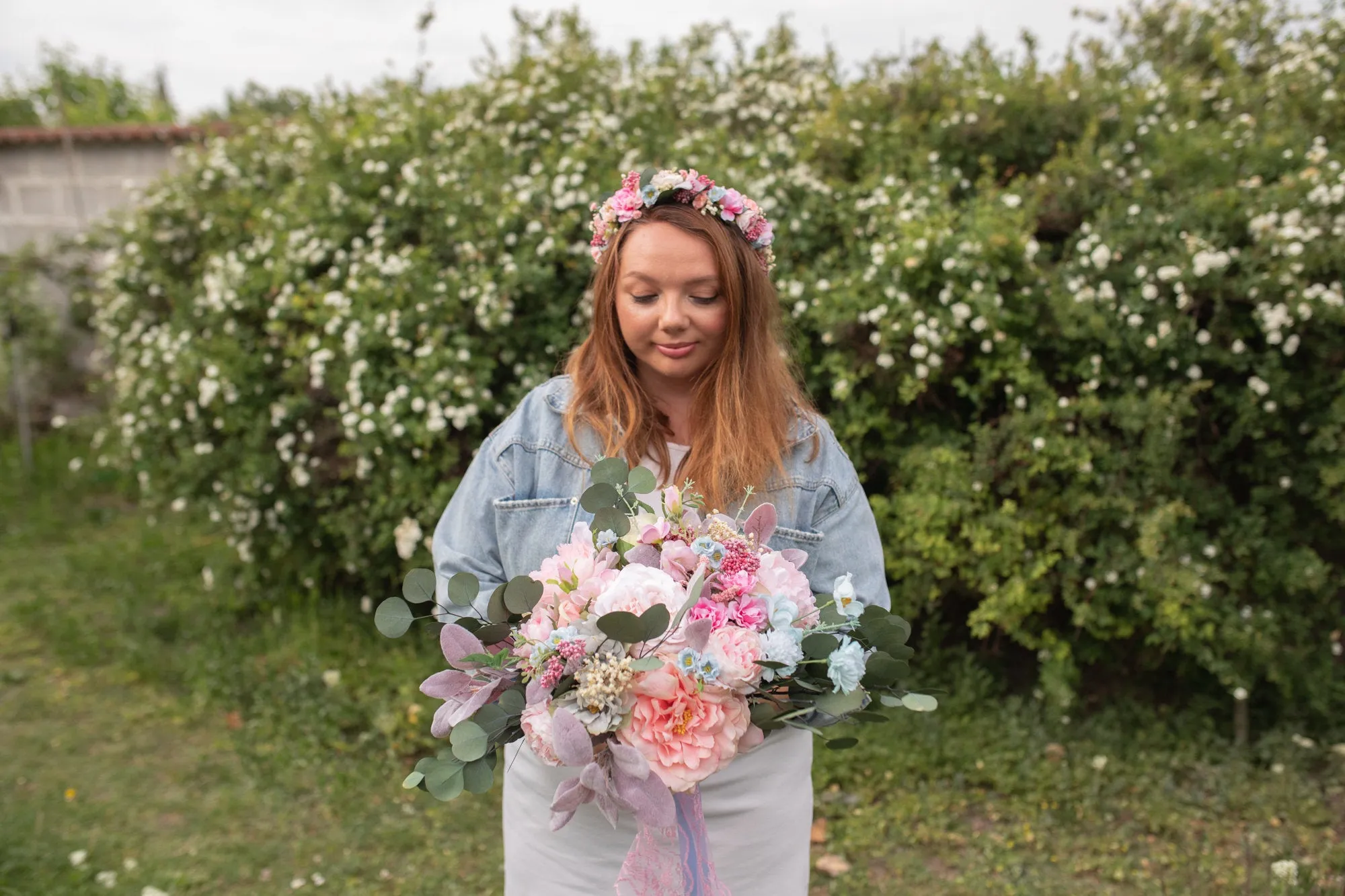 Blush and mint wedding wreath Bridal flower crown Dusty pink crown Romantic Flower vine Pastel wedding hair crown Boho wedding Handmade