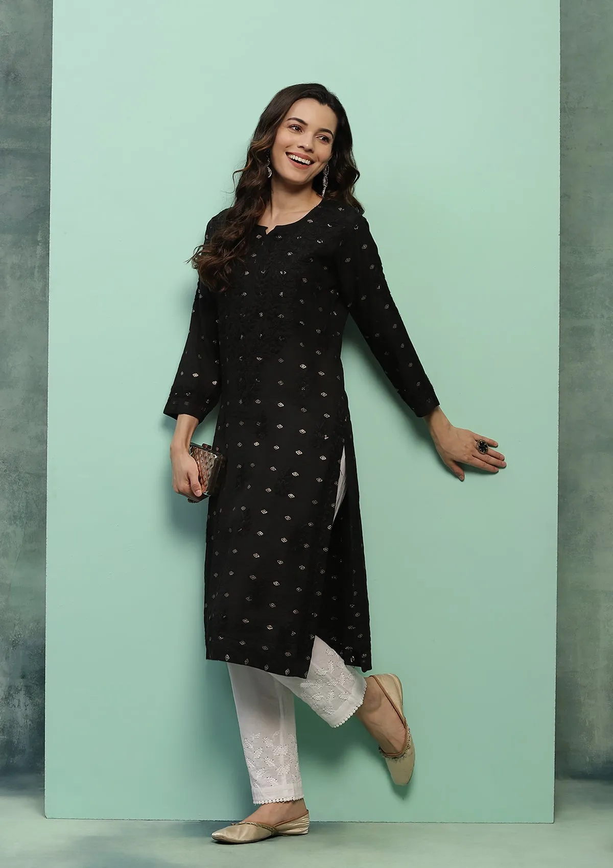 Chanderi Chikankari Solid Women's Long Kurta - Black