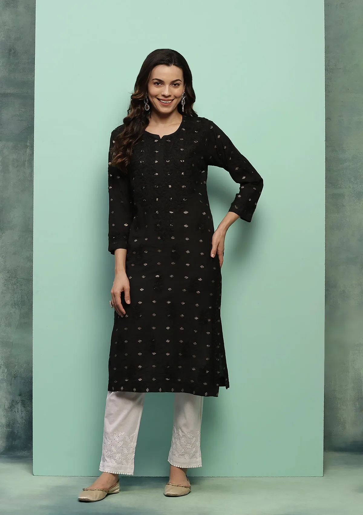 Chanderi Chikankari Solid Women's Long Kurta - Black