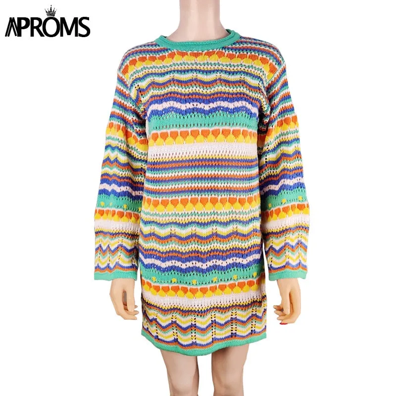 Christmas Gift Aproms Elegant Multi Color Crochet Knitted Mini Dress Women Summer Long Sleeve Hollow Out Festival Holiday Dress Fashion Vestido