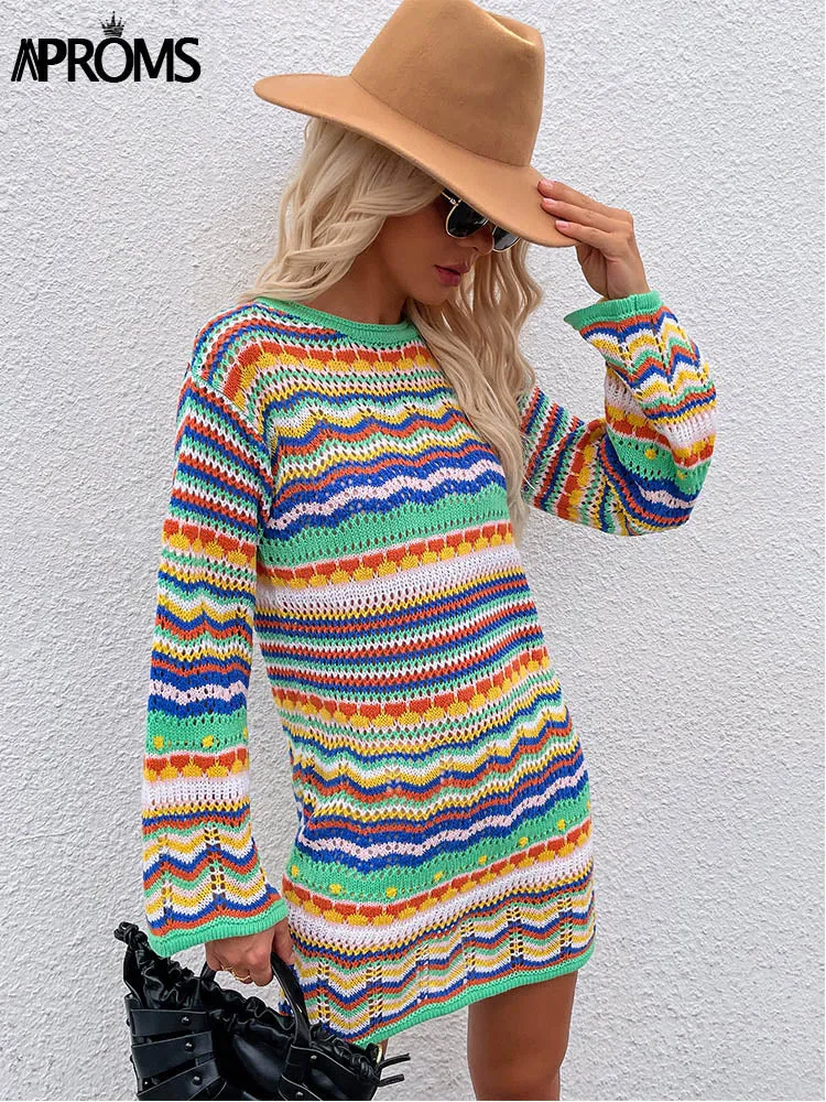 Christmas Gift Aproms Elegant Multi Color Crochet Knitted Mini Dress Women Summer Long Sleeve Hollow Out Festival Holiday Dress Fashion Vestido