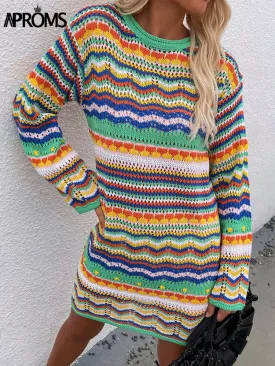 Christmas Gift Aproms Elegant Multi Color Crochet Knitted Mini Dress Women Summer Long Sleeve Hollow Out Festival Holiday Dress Fashion Vestido