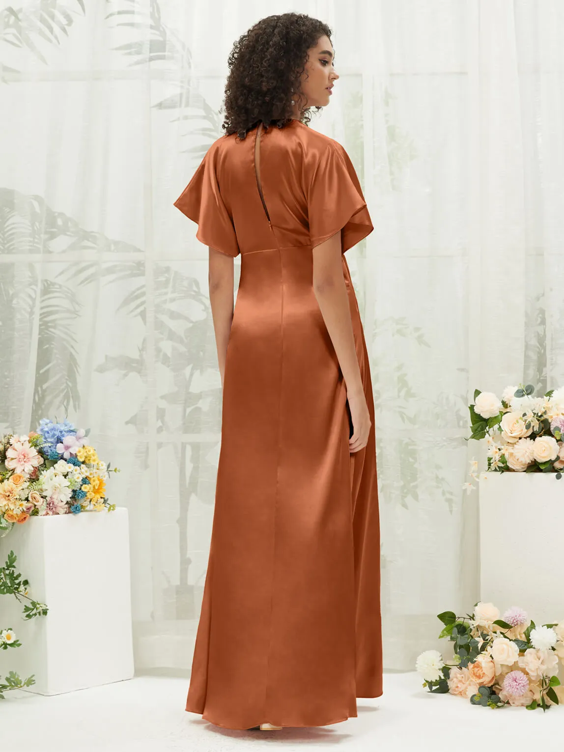 Cooper V-Neck Short Sleeve Satin Maxi Bridesmaid Dress With Slit