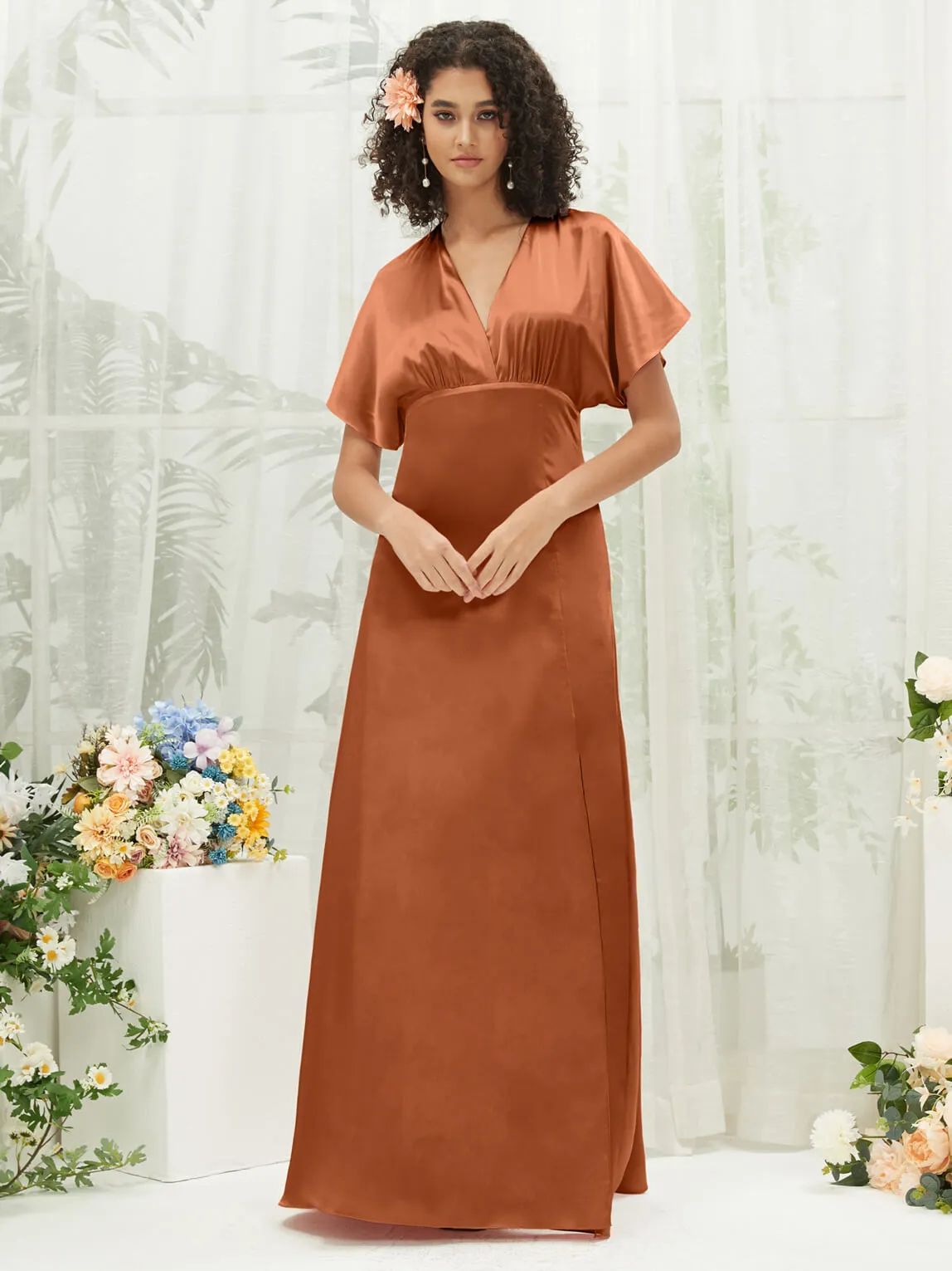 Cooper V-Neck Short Sleeve Satin Maxi Bridesmaid Dress With Slit