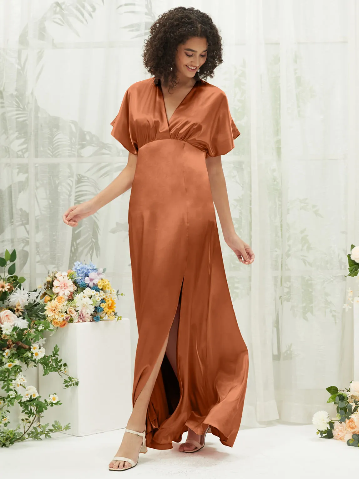 Cooper V-Neck Short Sleeve Satin Maxi Bridesmaid Dress With Slit