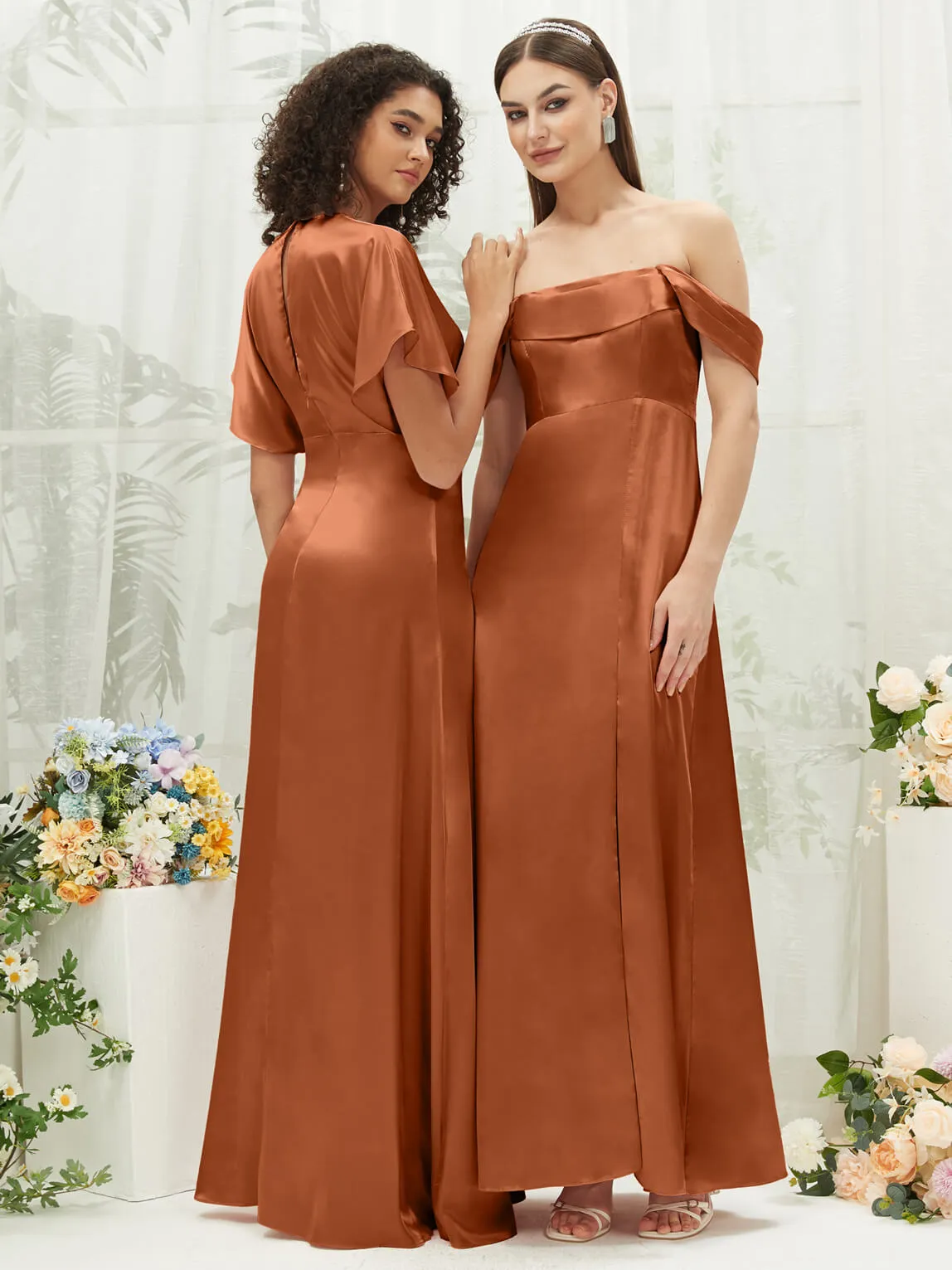 Cooper V-Neck Short Sleeve Satin Maxi Bridesmaid Dress With Slit