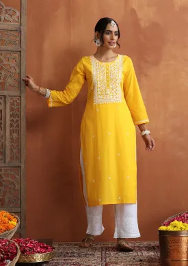 Cotton Chikankari Solid Women's Long Kurta - Yellow