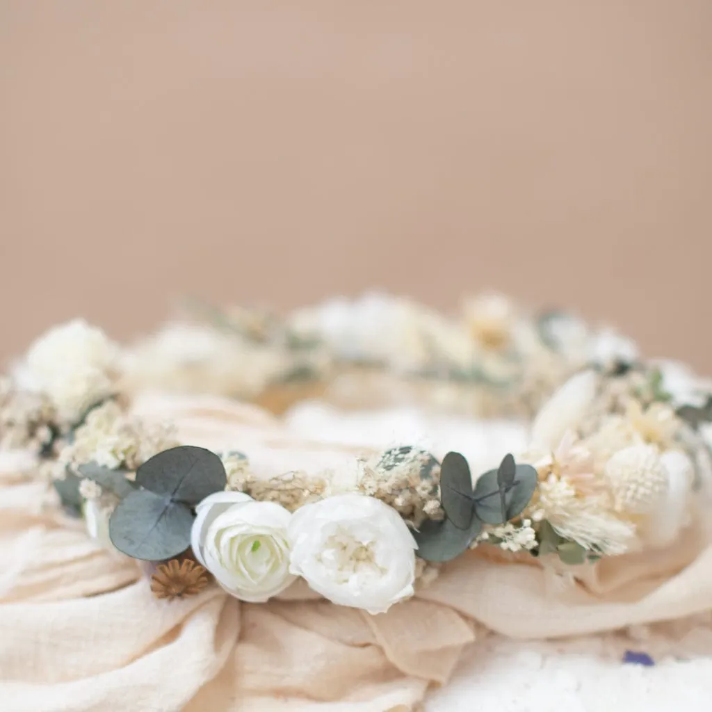 Dried Flowers Bridal Crown - Vintage Cream & White