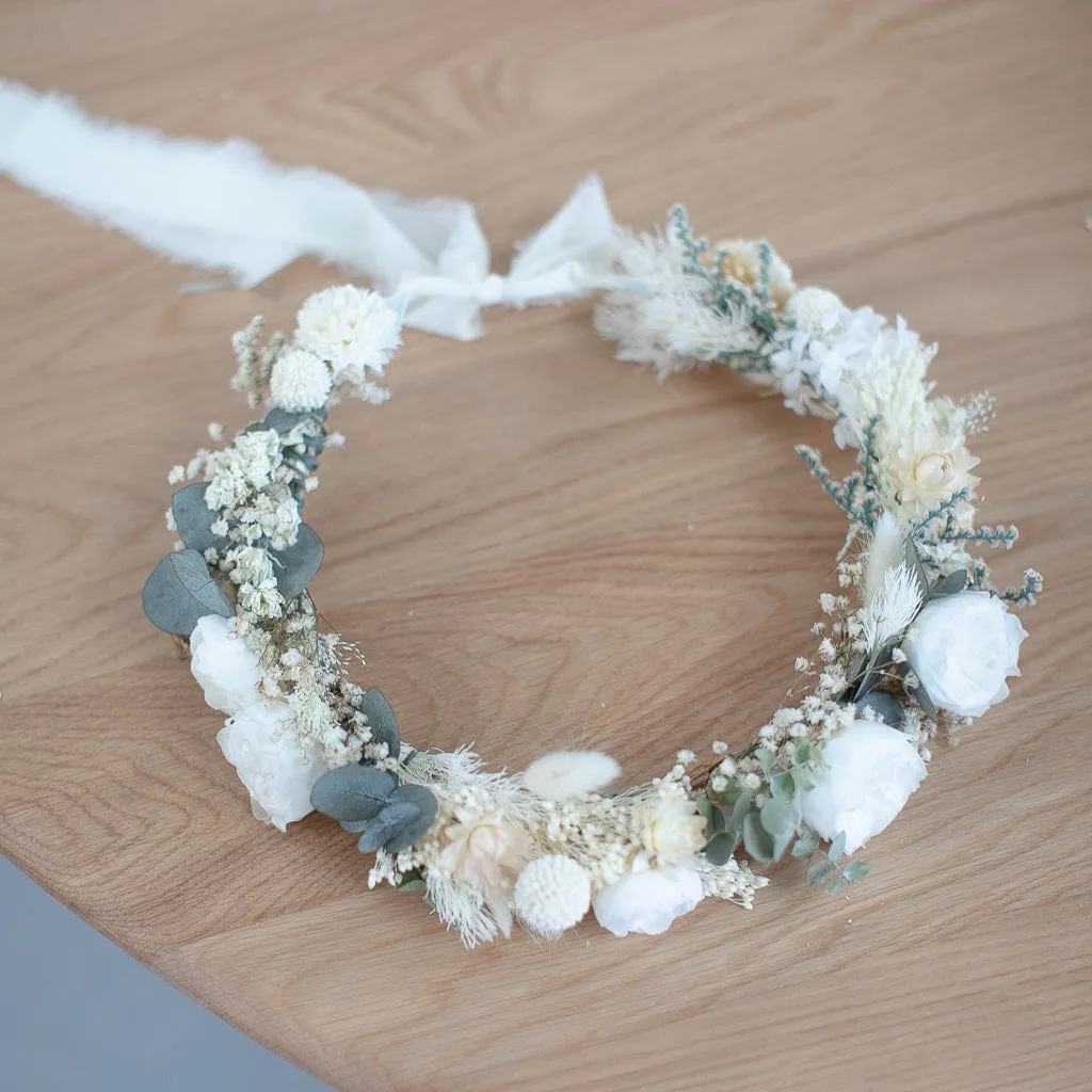 Dried Flowers Bridal Crown - Vintage Cream & White