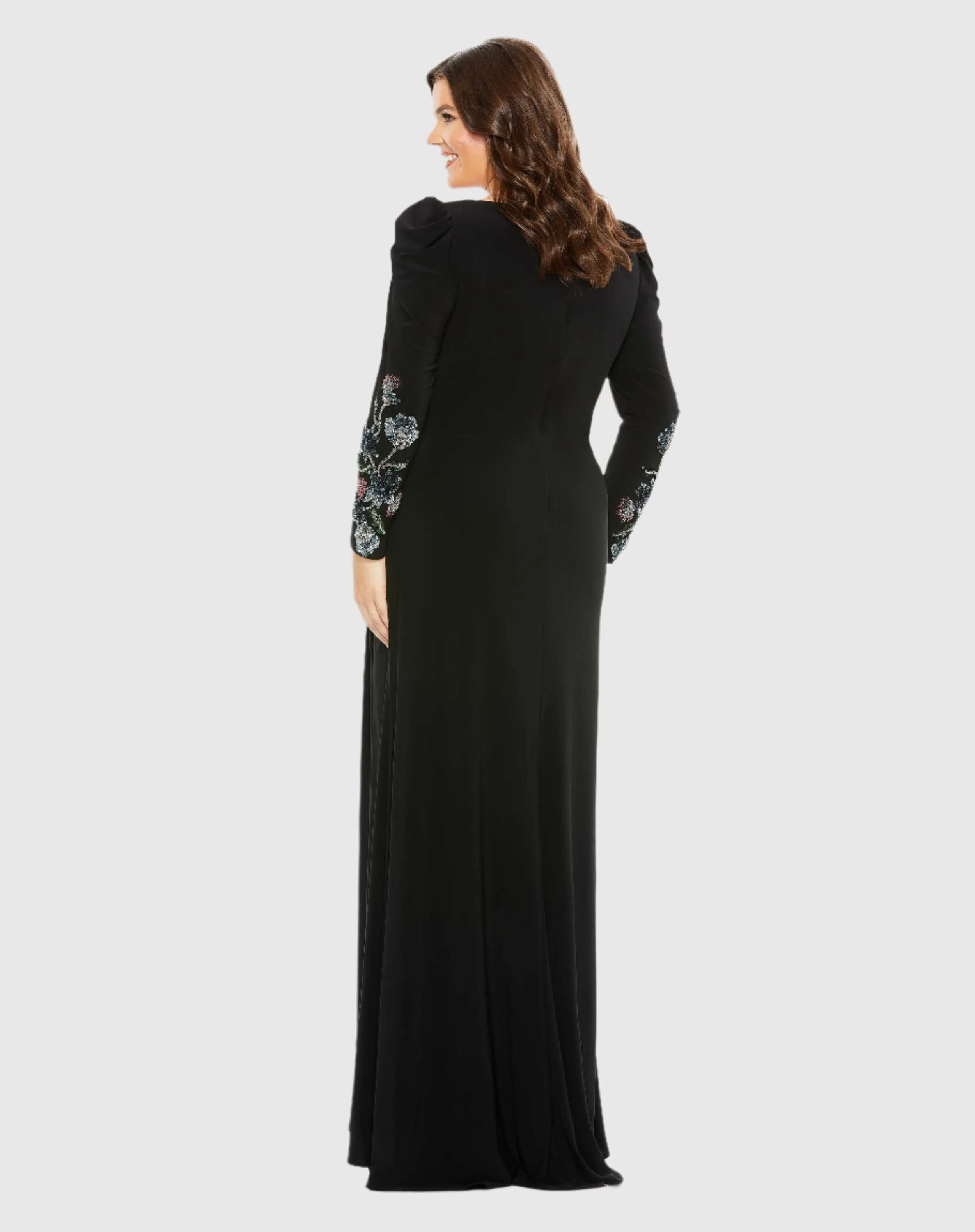 Embellished Long Sleeve Faux Wrap Gown (Plus)