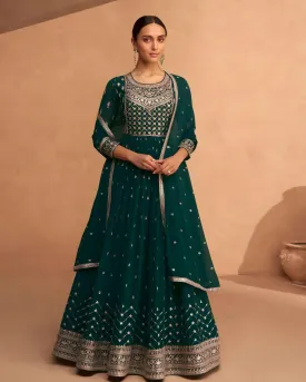 Embroidered Real Georgette Anarkali Gown Bottle Green