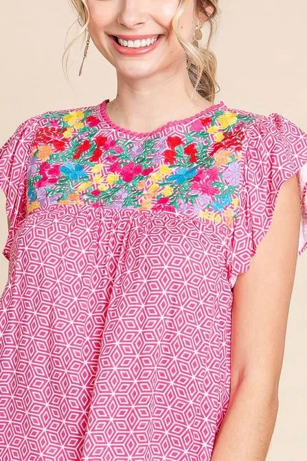 Embroidered Top with Ruffle Sleeves- Fuchsia