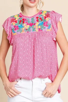 Embroidered Top with Ruffle Sleeves- Fuchsia